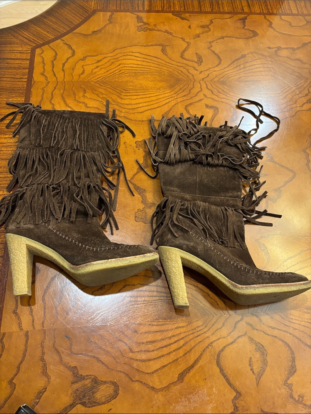 Fringe Suede Mid-Calf Heeled Boots - Brown size 7 Rubber Soles - Picture 3 of 7